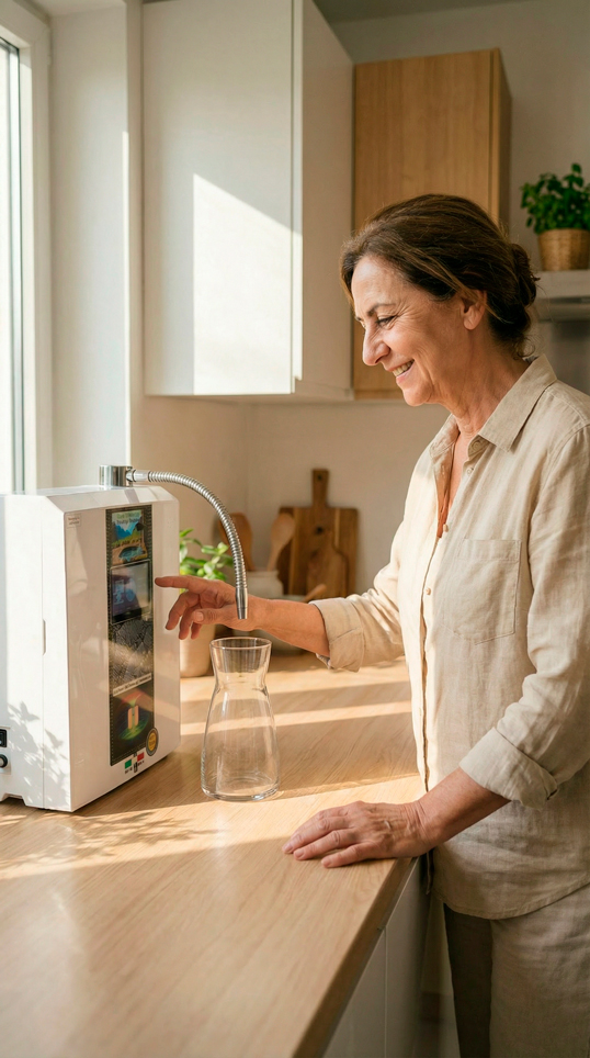 immagine di una donna di 45 anni che estrae un succo verde con l'estrattore di succo per famiglie estraggo