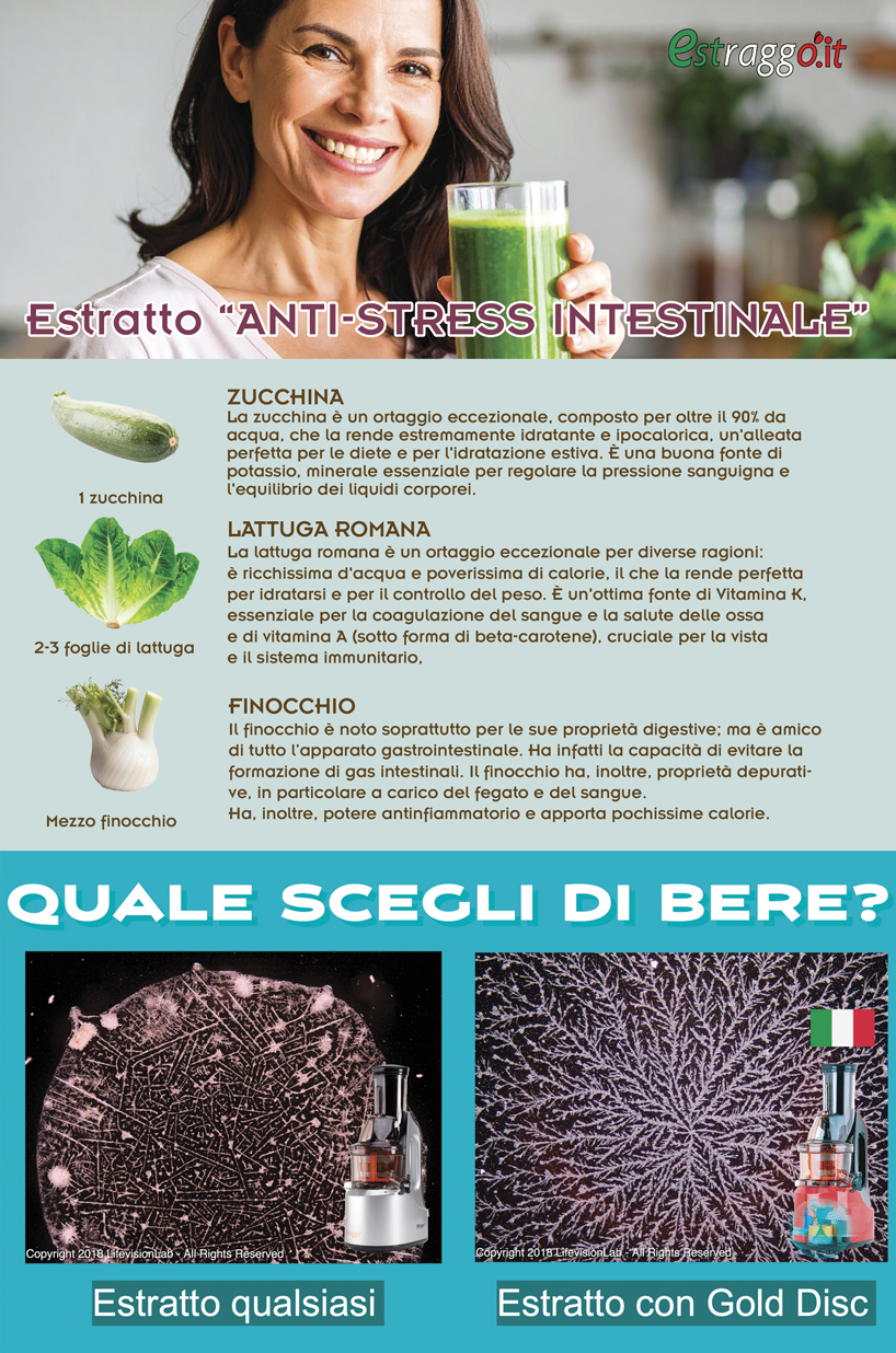 ricetta di un estratto anti-stress intestinale da fare con l'estrattore di succo con Finocchio, limone, zucchino e lattuga