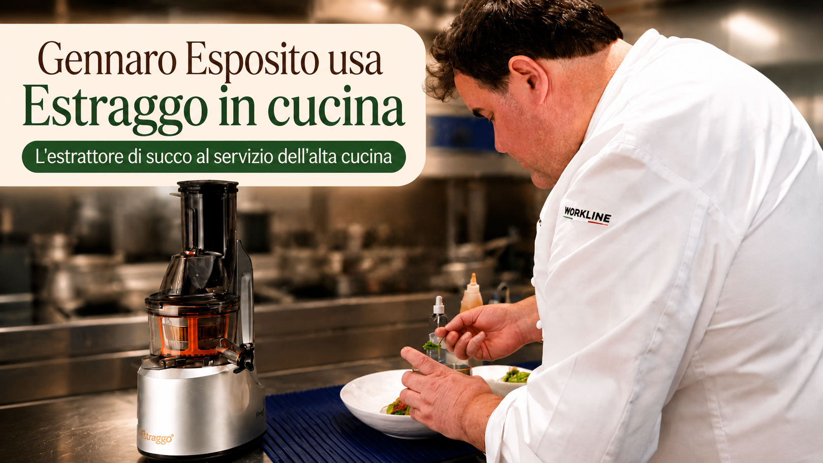 lo chef stellato Gennaro Esposito usa l'estrattore di succo professionale estraggo per preparare una ricetta nel suo ristorante