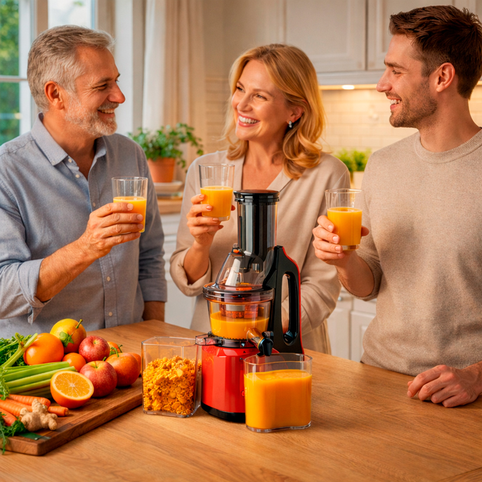 Una famiglia beve succo di arancia estratto con l'estrattore di succo per frutta e verdura Estraggo