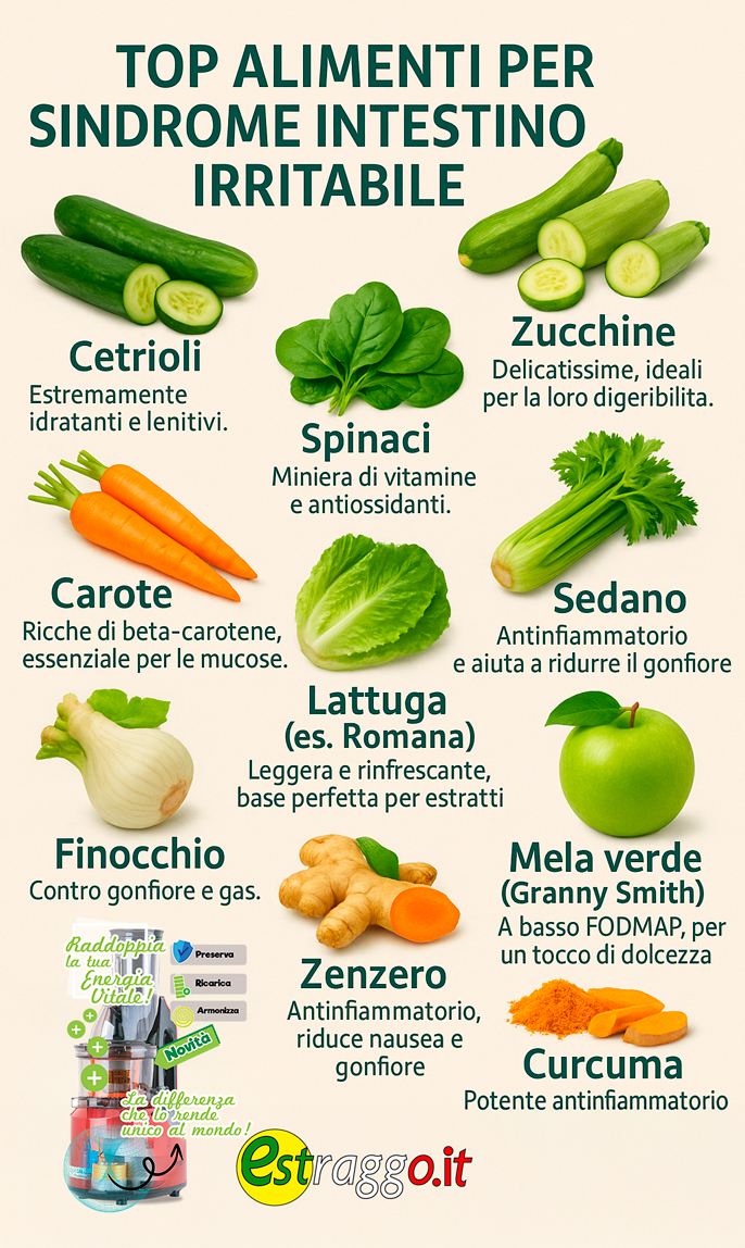 i migliori alimenti per chi soffre di sindrome dell'intestino irritabile. Cetrioli, Zucchine, Carote, Sedano, Spinaci, Lattuga (es. Romana), Finocchio, Mela verde (Granny Smith), Zenzero, Curcuma, Erbe aromatiche (menta, basilico, prezzemolo).