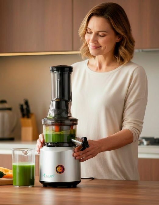 immagine di una donna di 45 anni che estrae un succo verde con l'estrattore di succo per famiglie estraggo