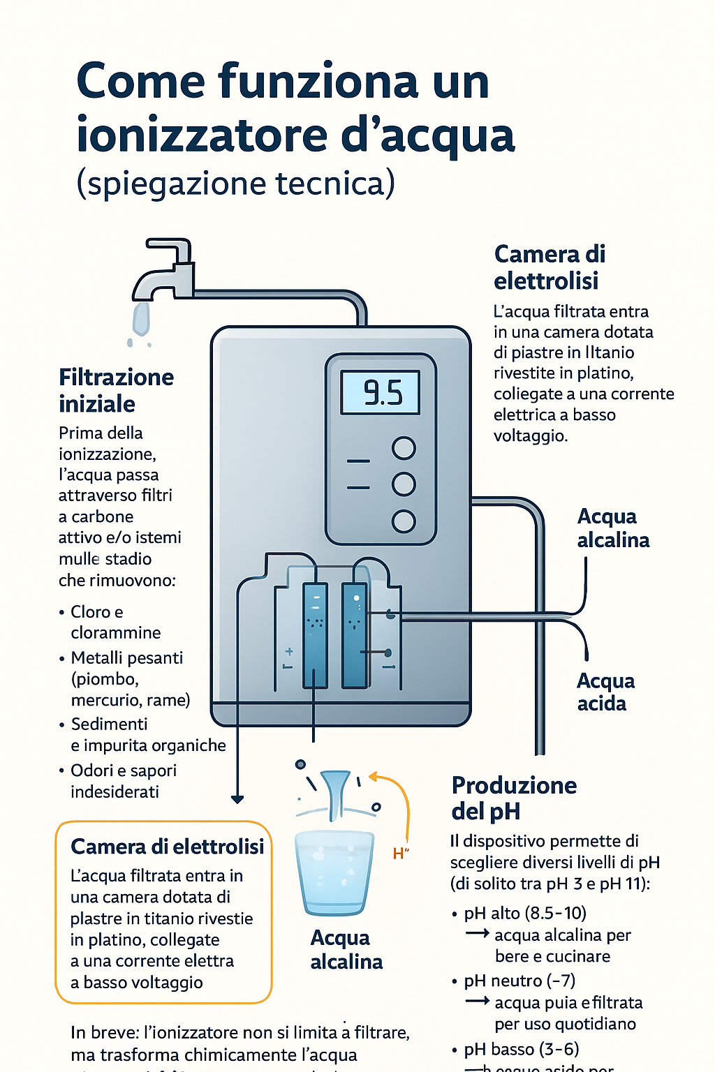 illustrazione schematica del funzionamento del migliore ionizzatore d’acqua alcalina 