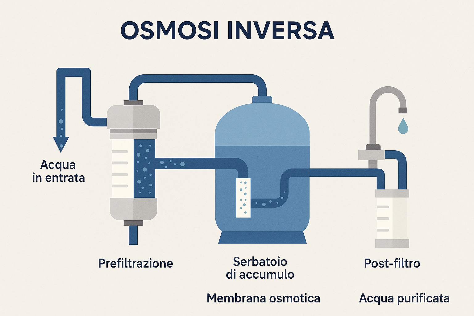sistema di filtrazione osmosi inversa con prefriltazione serbatoio di accumulo con membrana osmotica e post filtro